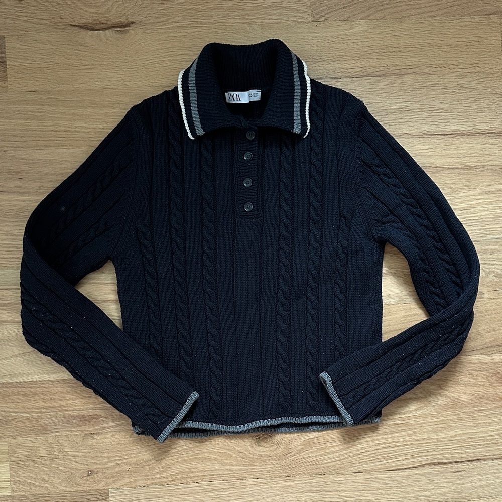 Zara black collared sweater with gray and white trim women's size Medium